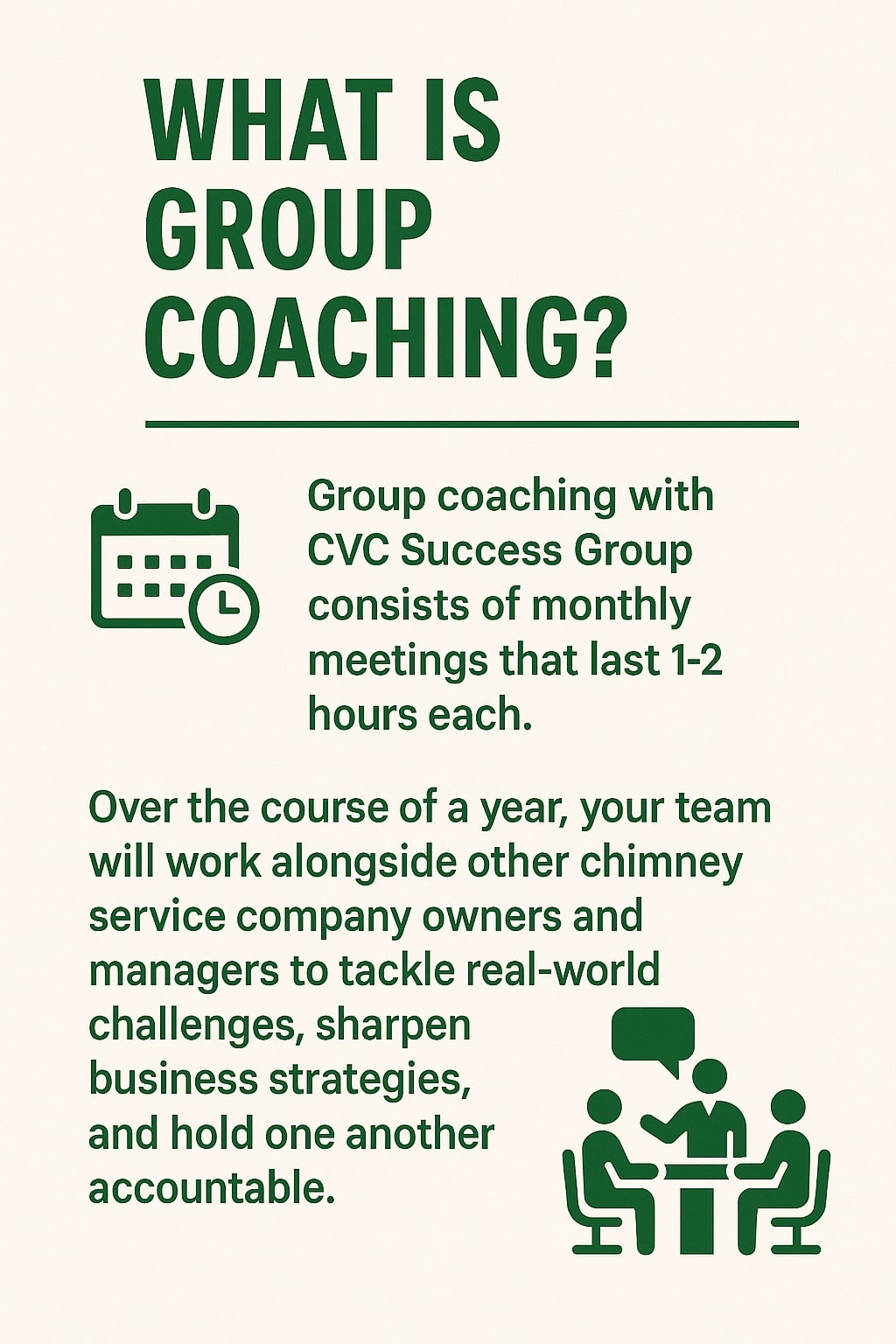 original infographic has a cream-colored background with dark green text and icons. At the top, in large bold letters, it reads “WHAT IS GROUP COACHING?” followed by a green horizontal line. Below, there is an icon of a calendar with a clock in the corner, next to text that says “Group coaching with CVC Success Group consists of monthly meetings that last 1-2 hours each.” Further down, it explains, “Over the course of a year, your team will work alongside other chimney service company owners and managers to tackle real-world challenges, sharpen business strategies, and hold one another accountable.” To the right of this text, there is an icon of three people sitting at a table with one person speaking, represented by a speech bubble.