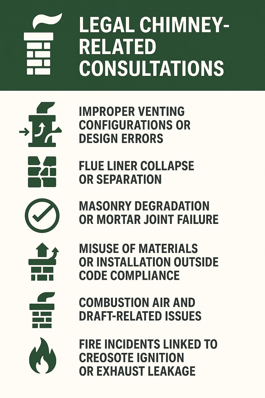 original infographic with a dark green header and cream background titled “Legal Chimney-Related Consultations.” The top left features a white chimney icon emitting smoke. Below, six green icons paired with bold black text describe issues handled: a chimney with arrows for “Improper Venting Configurations or Design Errors,” brick shapes for “Flue Liner Collapse or Separation,” a green checkmark for “Masonry Degradation or Mortar Joint Failure,” a chimney with an upward arrow for “Misuse of Materials or Installation Outside Code Compliance,” a simple chimney for “Combustion Air and Draft-Related Issues,” and a flame icon for “Fire Incidents Linked to Creosote Ignition or Exhaust Leakage.” The layout is clean, organized, and uses contrasting colors for clarity.